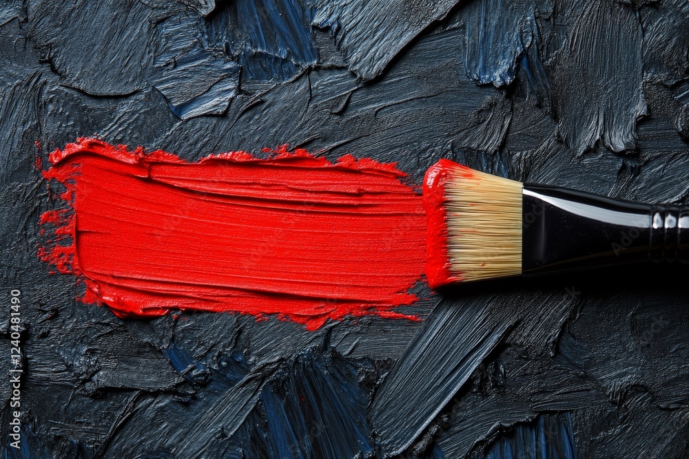 Poster bright red paint applied on textured dark background with brush lying beside it