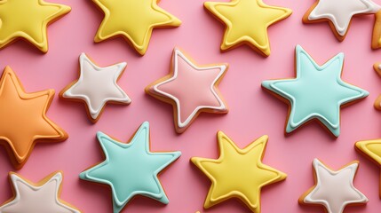 Obraz premium Colorful Star-Shaped Cookies on Pink Background, Ideal for Celebrations and Sweet Treats Display