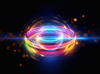 Obraz premium Abstract sci-fi double exposure image. A vibrant, multicolored sphere of light and energy glows against a dark background, with shimmering particles.