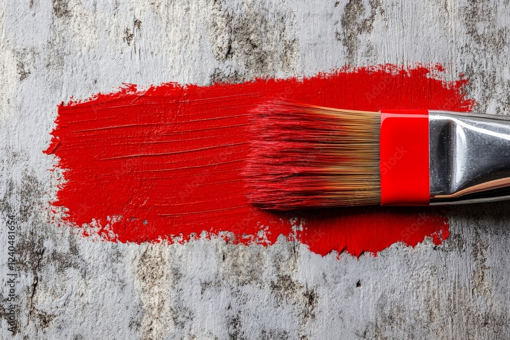 Aufkleber bright red paint being applied to a rustic surface with a wide brush in a creative workspace
