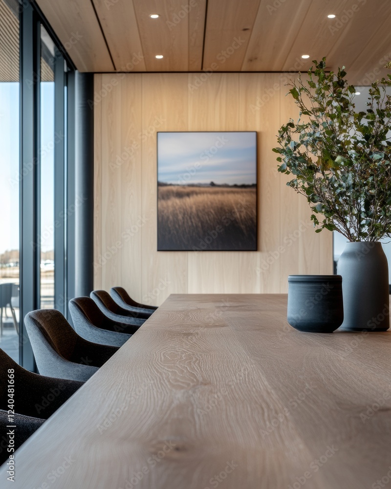 Aufkleber Scandinavian Minimalism in Collaborative Workspaces Oak Wood Table and Matte Vases for Modern Professional Environments - Enhancing Team Dynamics and Inclusive Corporate Meetings
