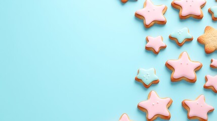 Colorful Star-Shaped Cookies with Icing on a Light Blue Background for Festive Occasions