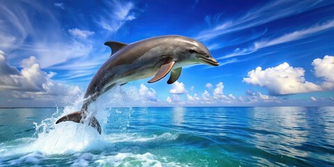 Fototapeta premium Beautiful bottlenose dolphin jumping out of sea with clear blue water on sunny day, wildlife