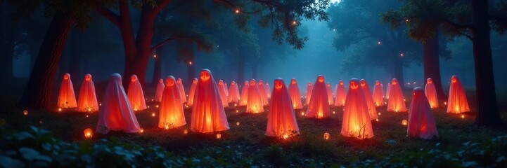 Lanterns illuminate a gathering of ghostly figures in a forest, lanterns, swirling
