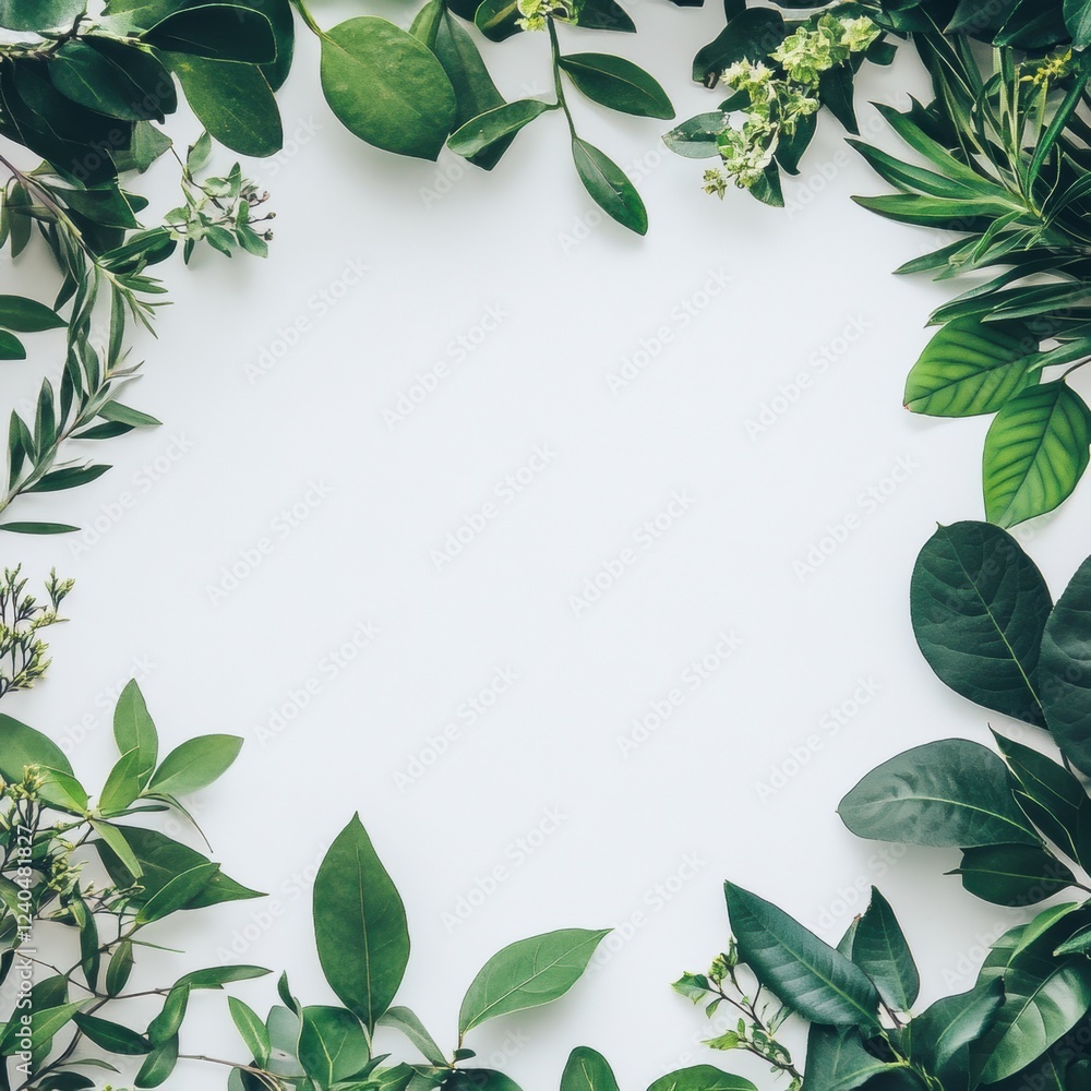 Fototapete floral arrangement featuring various green leaves on white background suitable for adding personaliz