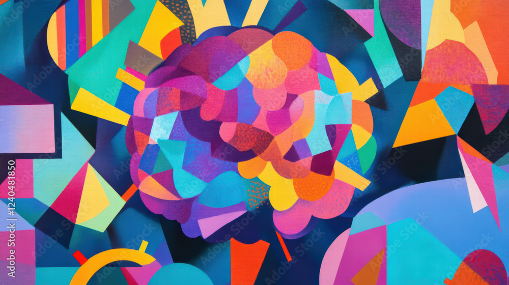 Poster vibrant brain surrounded by colorful geometric shapes, symbolizing creativity and thought. artwork f