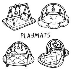 Set baby activity playmat with hanging toys. Hand drawn doodle. Educational games for children. Play decoration for children's room. Childhood. Vector line art illustration.