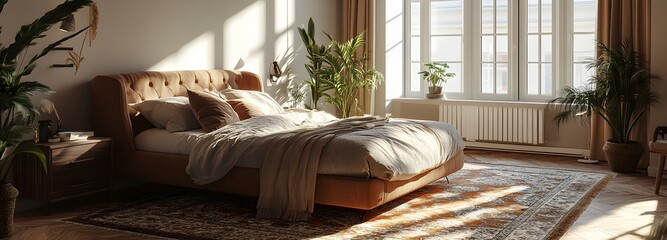 A cozy bedroom with a soft upholstered bed frame, plush pillows, and a patterned rug