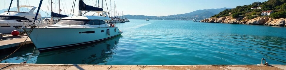 Obraz premium Marina dock with a yacht anchored and its rope hanging, hang, dock