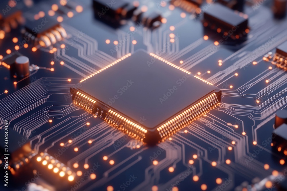 Poster Futuristic Circuitry Illuminated Microchip Design with Metallic Textures in Tech Innovation - Advanced Electronics Concept and Secure Computing Infrastructure Promotion