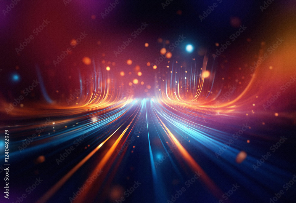 Poster abstract sci-fi background featuring a double exposure of glowing, vibrant light trails converging i