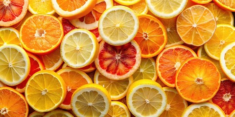 Top view of sliced oranges and lemons creating a colorful background rich in Vitamin C, food, fruit,  food