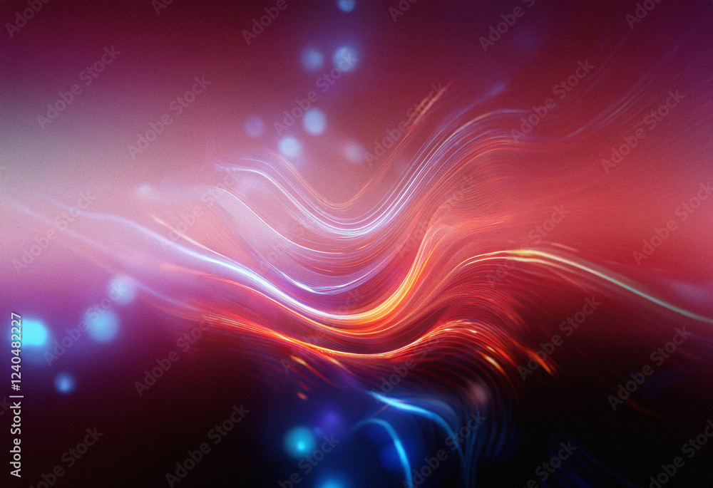 Poster Abstract sci-fi background featuring a double exposure effect.  Swirling, luminous lines in vibrant red, orange, and blue hues create a dynamic, energetic composition.  Soft bokeh adds depth.