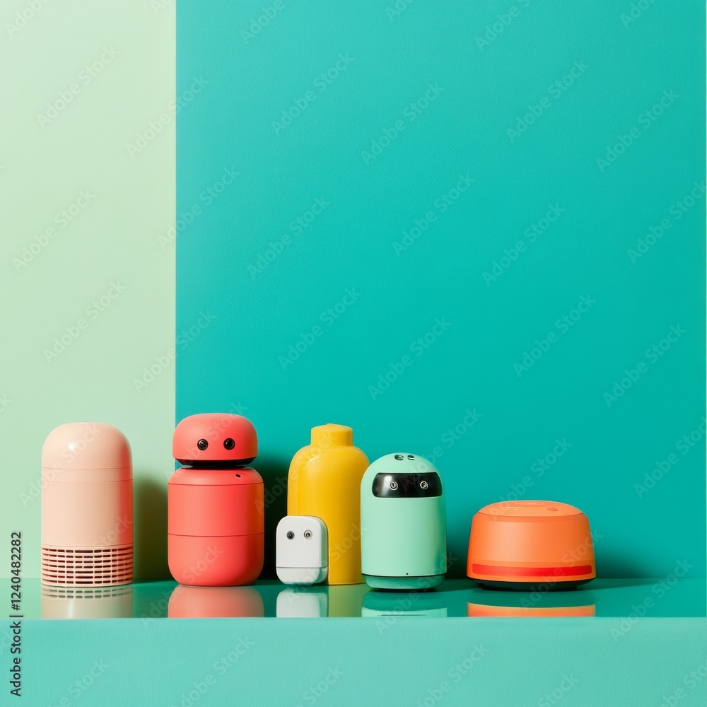 Aufkleber Vibrant Tech Decor Playful Miniature Robots with Smart Devices on Reflective Surface - Home Robotics and Digital Innovation for Modern Living Spaces