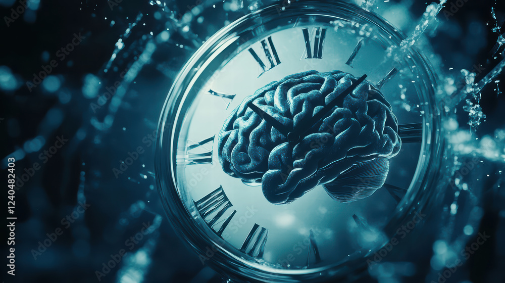 Aufkleber abstract clock featuring brain elements symbolizes intersection of time and cognition, evoking sense