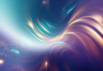 Abstract sci-fi background. Double exposure effect with swirling, luminous teal and gold waves creating a vibrant, cosmic scene.
