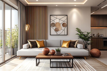 Fototapeta premium Contemporary Living Room Minimalist Design with Geometric Wood Art & Warm Accents 