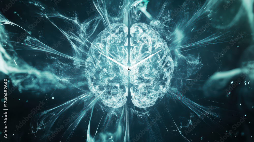 Poster abstract clock design featuring brain elements, symbolizing intersection of time and thought. this v