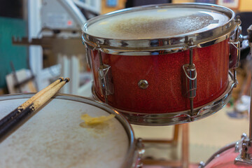 Close-up of an old drum set