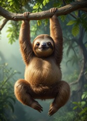 Fototapeta premium Sloth hanging upside down from a branch with its long curved claws secure, inverted position, slow movement
