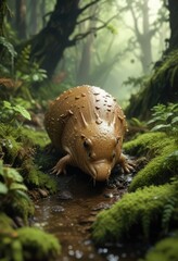Obraz premium Slow moving slug navigating through mossy environment, moss covered ground, rock formations, outdoor nature