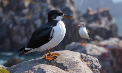 Fototapeta premium Small, black and white seabird with a distinctive beak, perched on a rocky outcropping, beach scene, nature, Atlantic puffin