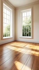 Fototapeta premium Sunlit Empty Room with Hardwood Floor and Large Windows