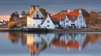 Fototapeta premium Scenic Waterfront Houses Reflection at Sunset