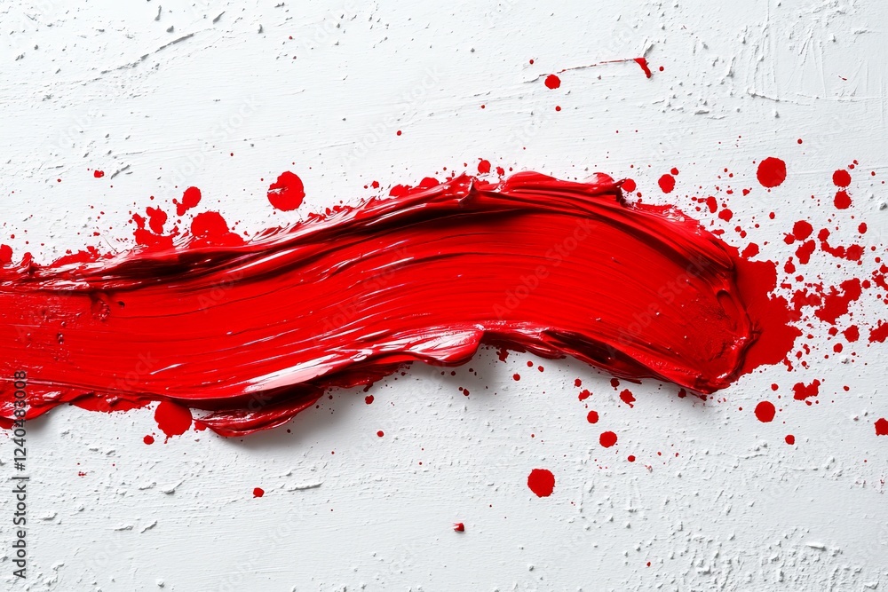 Aufkleber vibrant red paint sweeping across a textured white surface with splatters in an artistic display