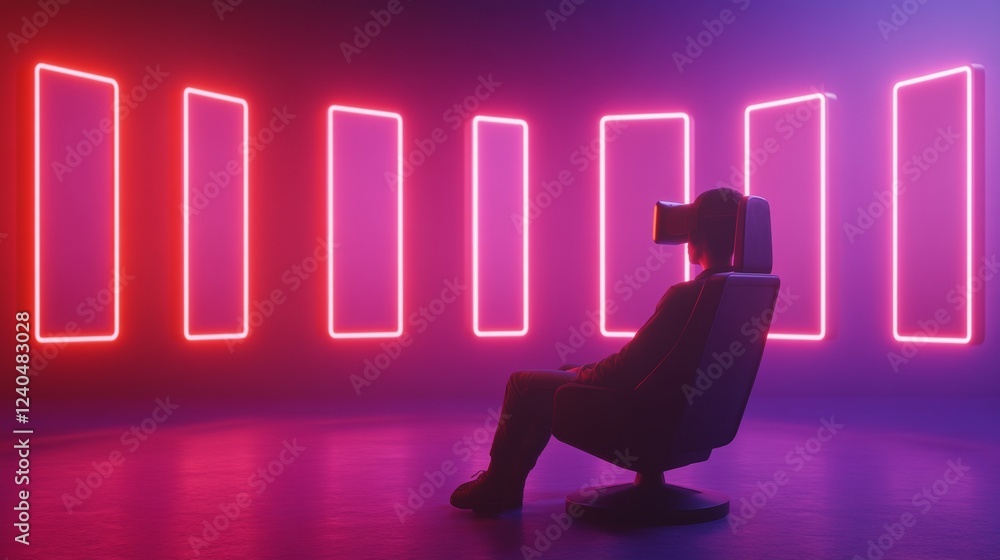 Poster cyberpunk vr gaming hub sleek chair and floating led panels in neon glow - immersive entertainment i