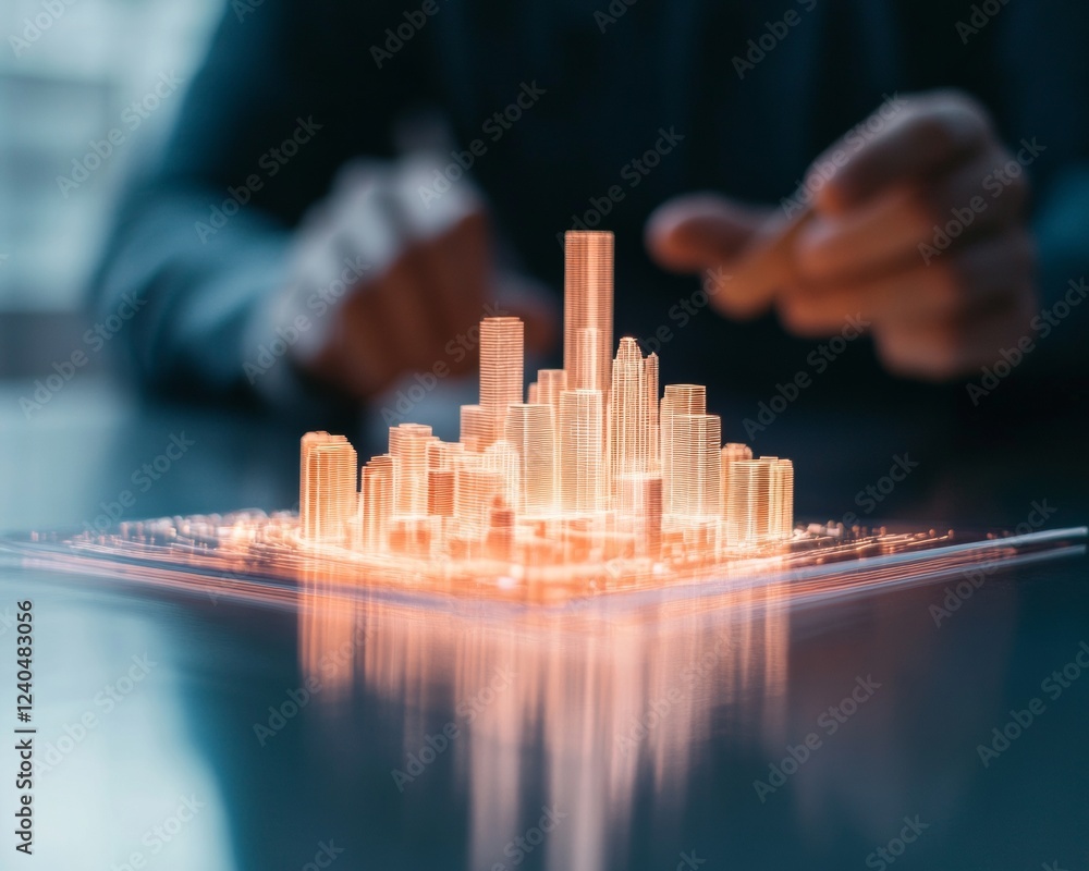 Aufkleber holographic cityscape projection interactive digital model on glass surface - tech innovation for ur