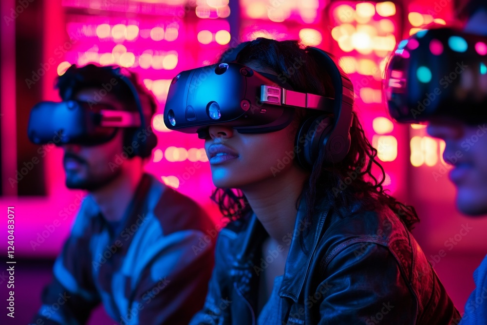 Aufkleber neon vr experience diverse young adults in futuristic gaming space with led panels - dynamic enterta