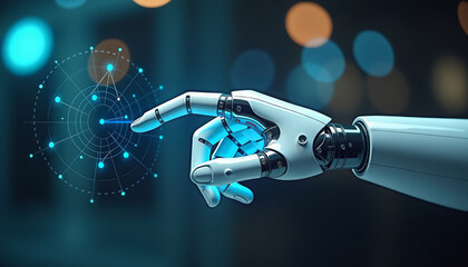 A bionic prosthesis with smooth white surfaces and black inserts, and a holographic screen depicting a digital network. The screen emits a blue glow, creating a contrast with the dark background.