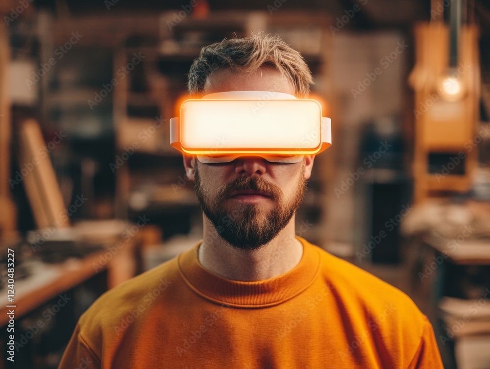 Aufkleber retro-futuristic developer vibe neon vr glasses in eclectic studio urban tech innovation and digital