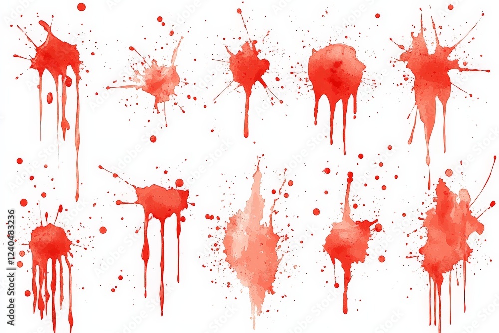 Fototapete collection of vibrant red splashes and drips on a white background, showcasing dynamic patterns and 