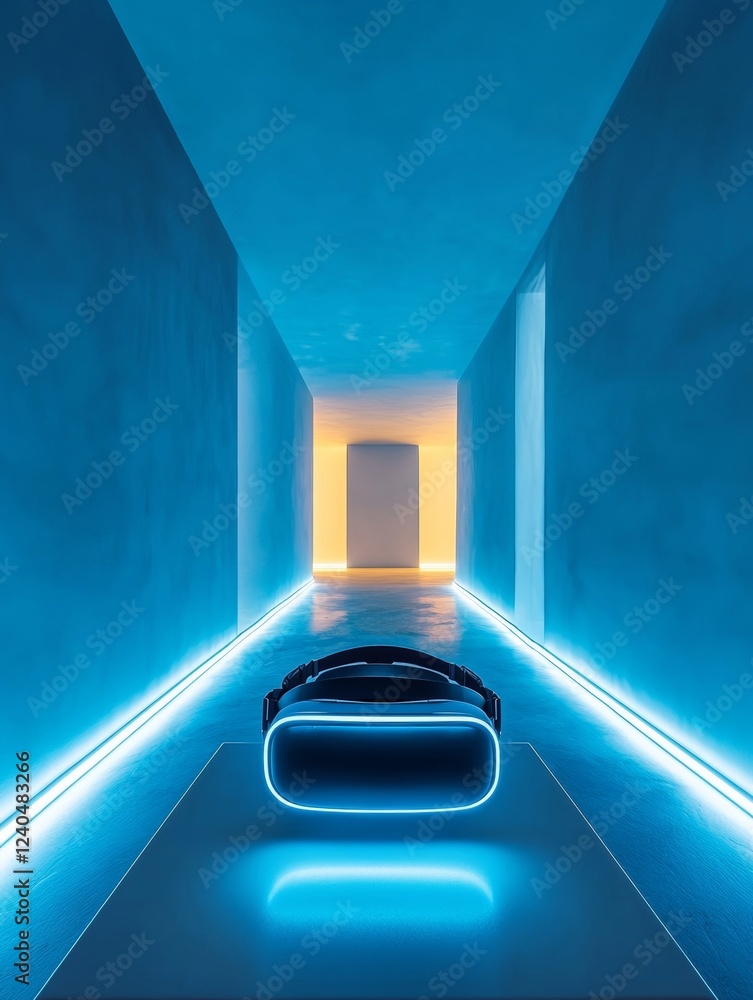 Poster futuristic tech ambiance vr glasses on sleek metallic table with blue led strips in minimalist room 