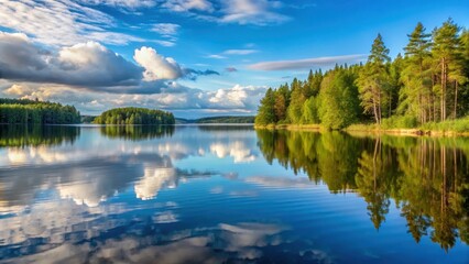 Fototapeta premium serenity of a Finnish lake at summer, reflections, water, reflections, water, forest, scenery, greenery, lakeside, sunlight