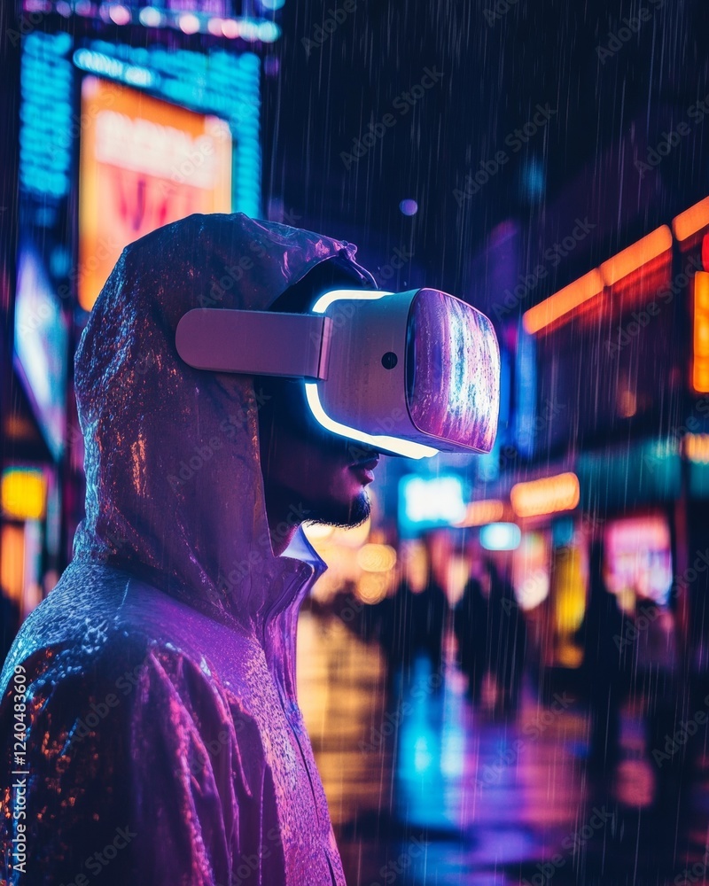 Aufkleber neo-futuristic cyberpunk neon-lit urban scene with glowing vr headset - interactive marketing in tec