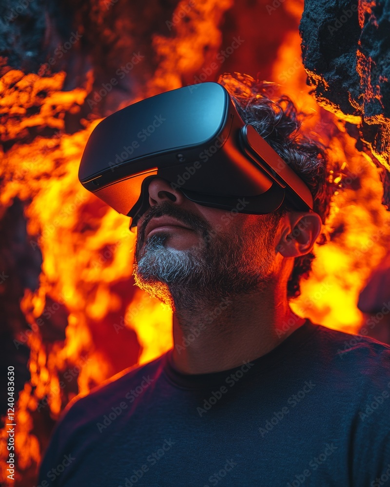 Poster immersive vr experience middle-aged hispanic man in illuminated environment - tech-enhanced storytel