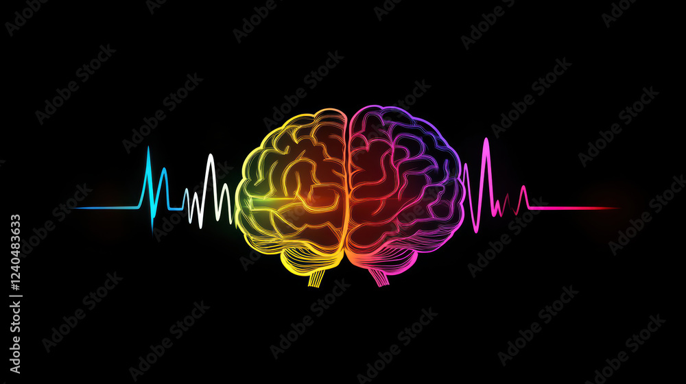 Poster abstract representation of brain with heartbeat, showcasing vibrant colors and dynamic design that s
