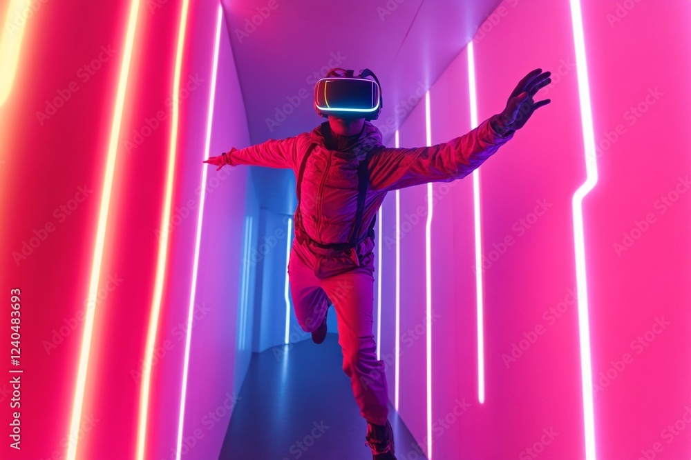 Poster Immersive Neon VR Gaming Experience Dynamic Motion Blur of User with Headset in Futuristic Tunnel - Enhanced Entertainment and Interactive Marketing for Tech-Savvy Audiences