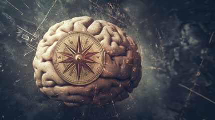 abstract representation of brain with compass symbolizing navigation and thought. This evokes sense of exploration and mental clarity