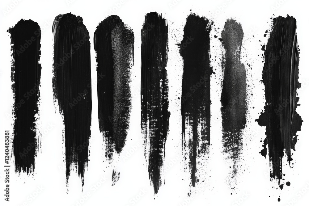 Poster Artistic display of black paint strokes on white canvas showcasing a range of textures and techniques in abstract style