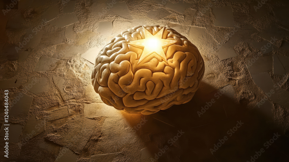 Poster abstract representation of brain illuminated by star, showcasing intricate details and textures. war