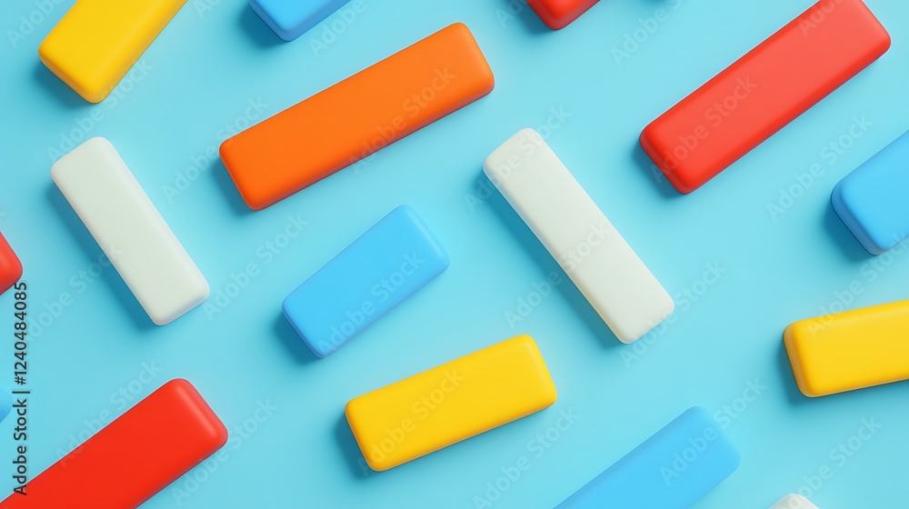 Poster colorful toy building blocks arranged on a vibrant blue surface in a playful pattern for creative co