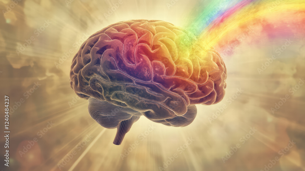Poster abstract representation of brain with rainbow spectrum emanating from it, symbolizing creativity and