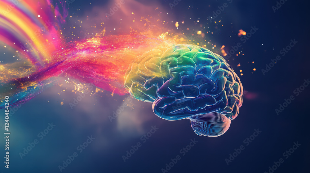 Poster abstract representation of brain with rainbow spectrum flowing from it, symbolizing creativity and i