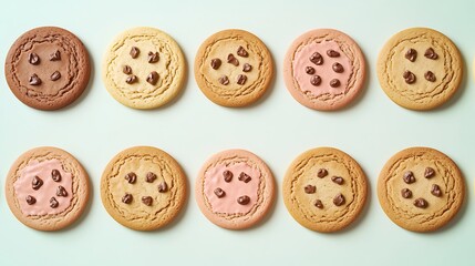 Fototapeta premium Colorful Variety of Delicious Cookies with Chocolate Chips Arranged on a Light Background