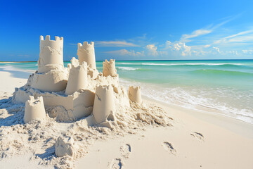 A sandcastle on the beach, partially eroded by wind and waves.
