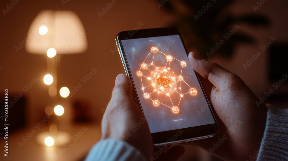 Aufkleber Cutting-Edge NFT Marketplace Display on Smartphone Illuminated Abstract Art Interface in Cozy Ambient Lighting - Tech-Savvy Art Collecting and Blockchain Innovation